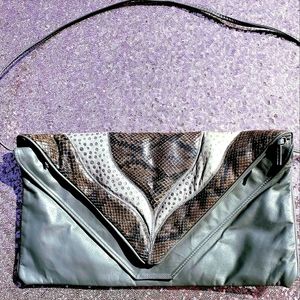 Vintage 1980s  Grey Brown Leather Snakeskin Crossbody or Clutch Bag Purse